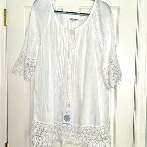 Blue Island white swim coverup cotton with lace trim women's size L NWT